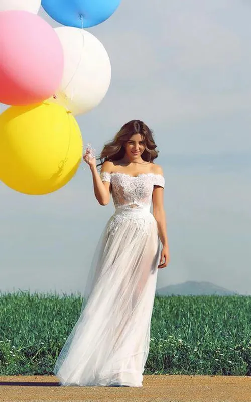 Delicate Off-the-shoulder Tulle Wedding Dress Lace Appliques sold by KissProm