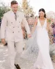 Elegant Mermaid V Neck Satin Long Wedding Dresses with Train sold by KissProm