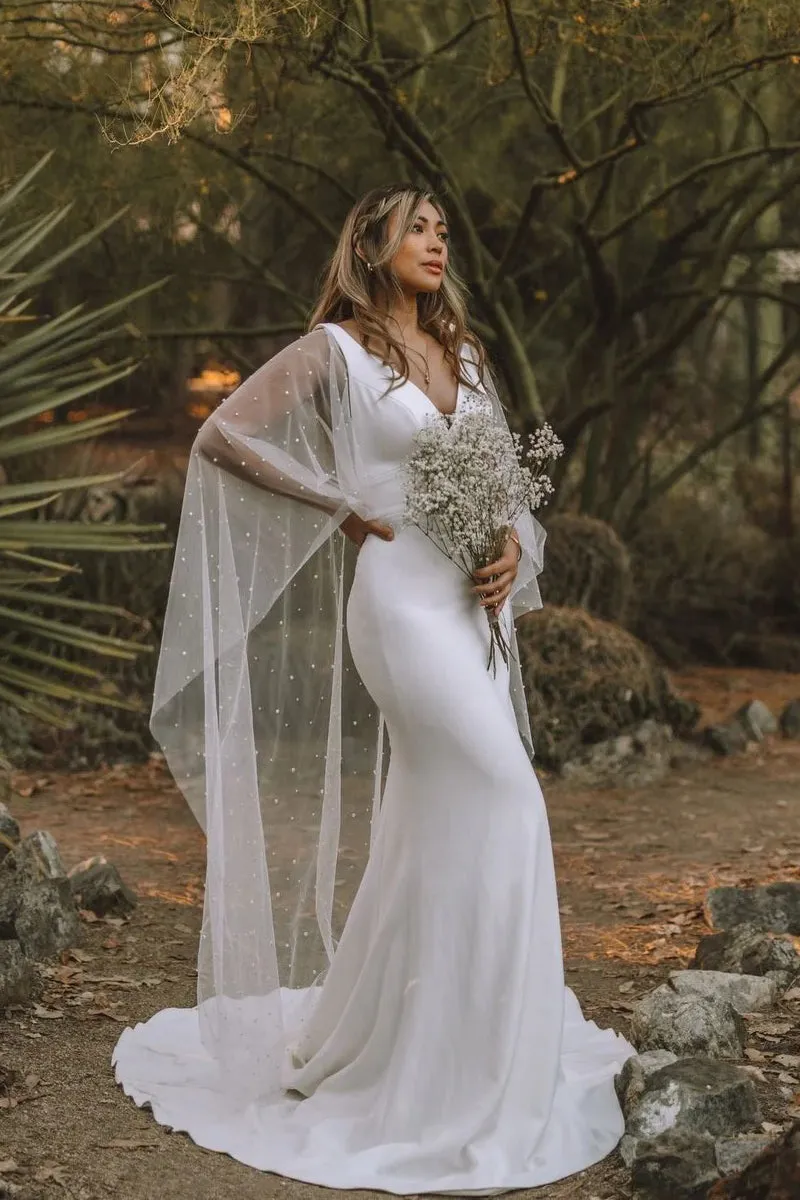 Elegant Mermaid V Neck Satin Long Wedding Dresses with Train sold by KissProm