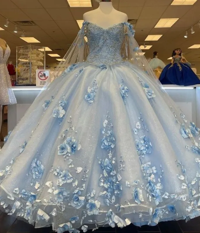 Sky Blue Long Dress 3D Applique Off Shoulder Ball Gown Quinceanera Dresses sold by KissProm