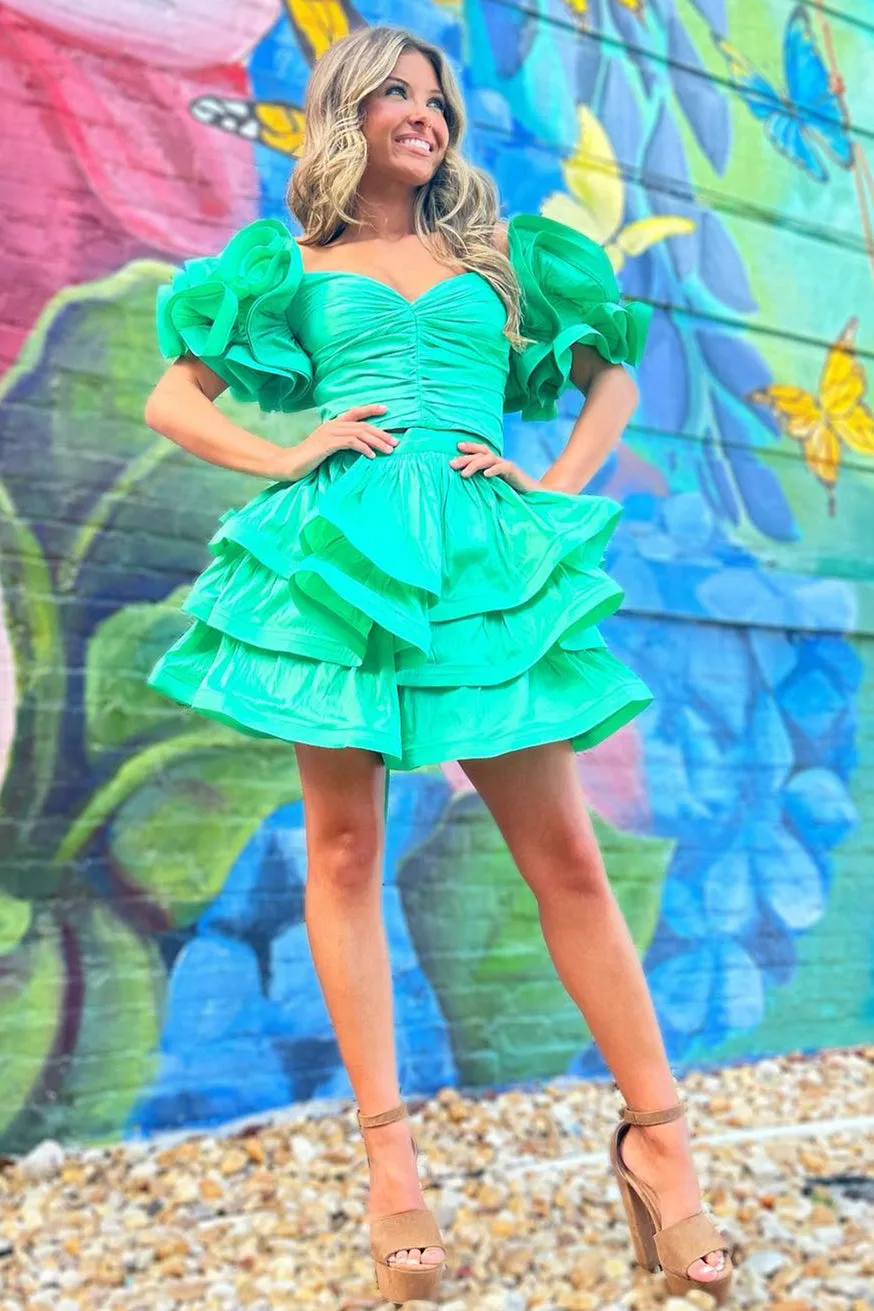 A-Line Green Ruffle Sleeves Layered Two Pieces Short Party Dress sold by KissProm product image thumbnail 2