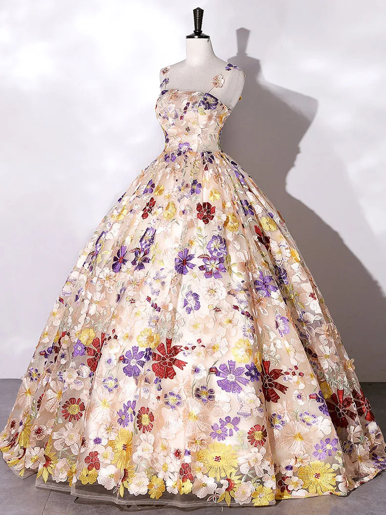 Quinceanera Dress Champagne A-line Flowers Long Prom Dress Champagne Sweet Dress sold by KissProm product image thumbnail 4