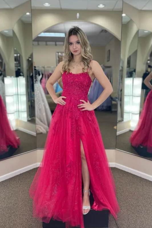 Lindsey | Fuchsia A-line Tulle Scoop Neckline Applique Slit Long Prom Dress sold by KissProm