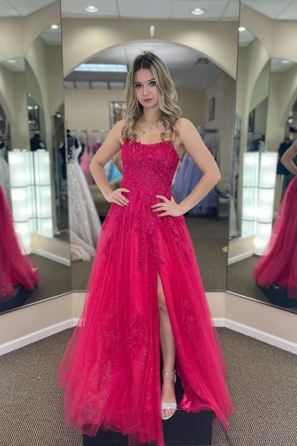 Lindsey | Fuchsia A-line Tulle Scoop Neckline Applique Slit Long Prom Dress sold by KissProm