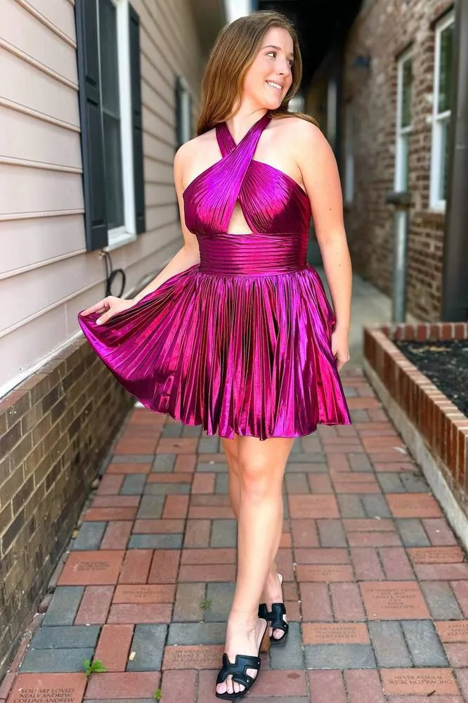 Jinny | Metallic Fuchsia Halter Keyhole Pleated Short Homecoming Dress sold by KissProm product image thumbnail 2