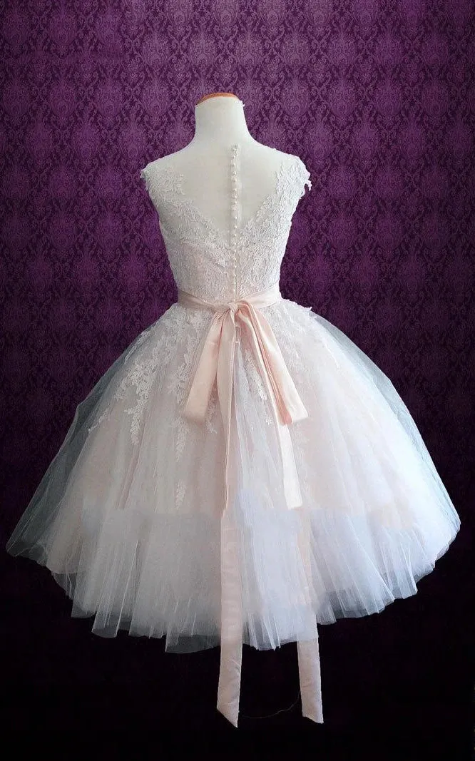 Short Tea-Length Tulle Lace Satin Wedding Dress sold by KissProm product image thumbnail 2
