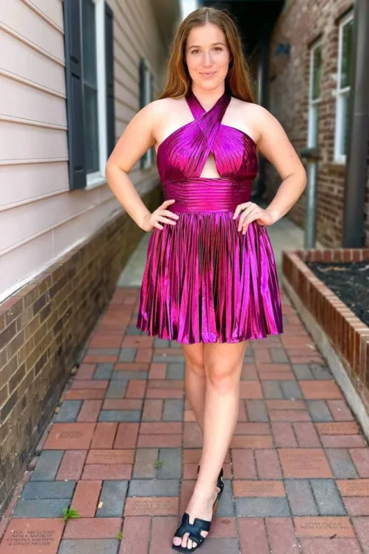 Jinny | Metallic Fuchsia Halter Keyhole Pleated Short Homecoming Dress sold by KissProm