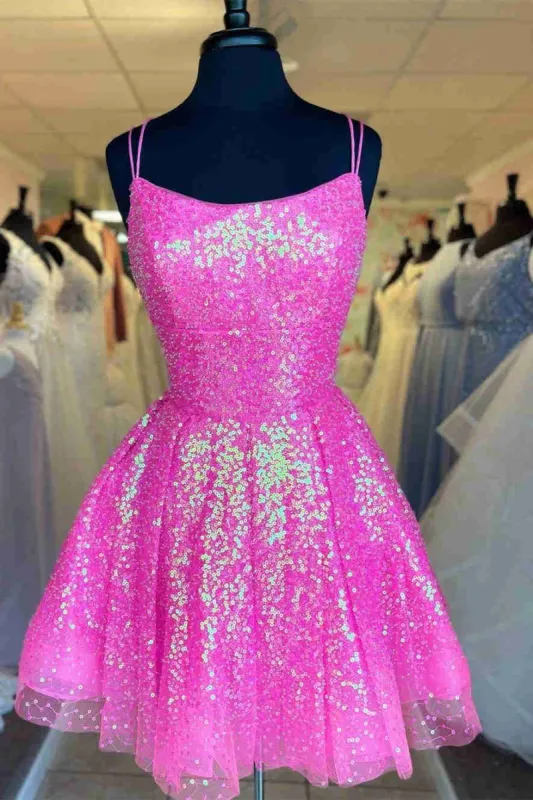 Hot Pink Sequins A-Line Homecoming Dress sold by KissProm