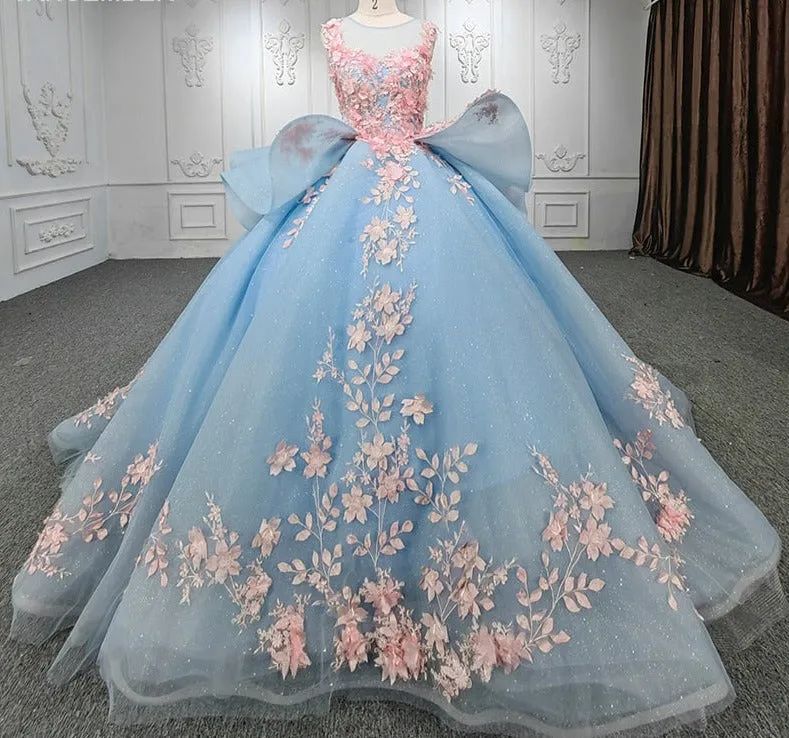 Quinceanera Blue Flower Ball Gown Dress sold by KissProm