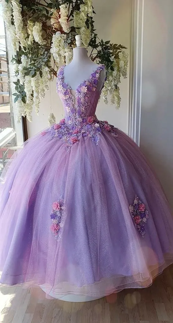 Princess Tulle Long Quinceanera Dresses with Flower sold by KissProm