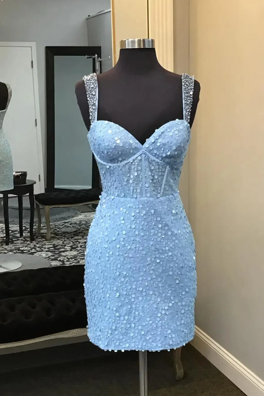 Sparkly Blue Spaghetti Straps Sequins Bodycon Short Corset Homecoming Dress sold by KissProm