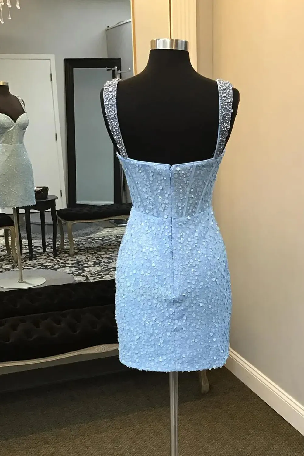 Sparkly Blue Spaghetti Straps Sequins Bodycon Short Corset Homecoming Dress sold by KissProm product image thumbnail 2