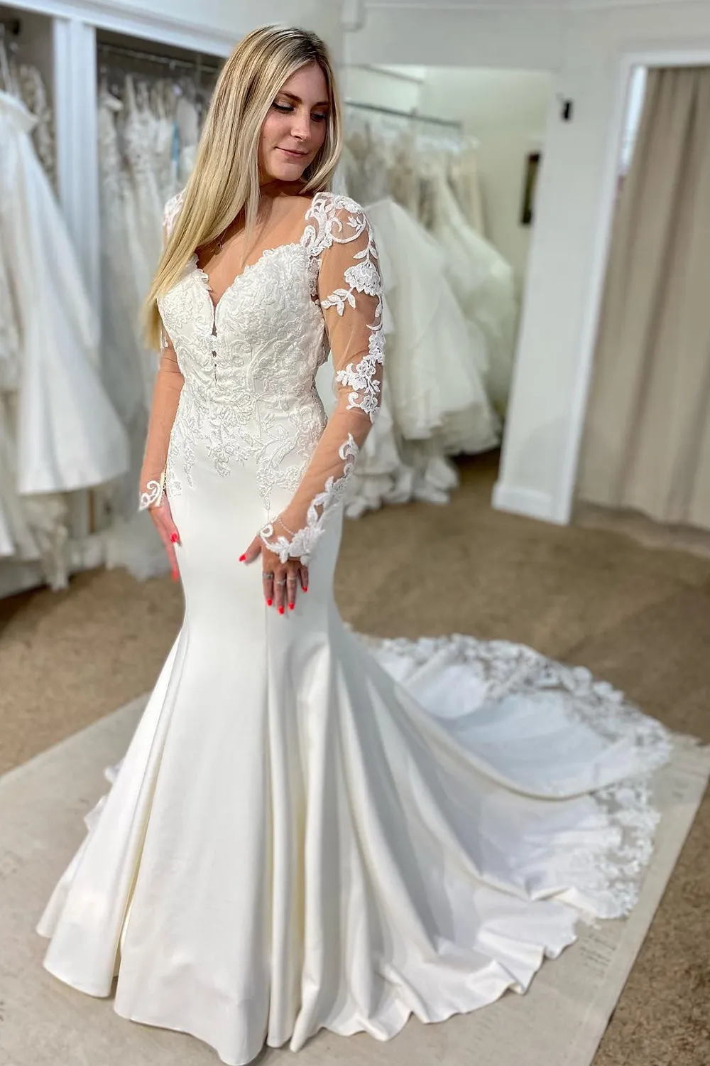 Ashlyn | White V-Neck Mermaid Long Wedding Dress with Lace sold by KissProm