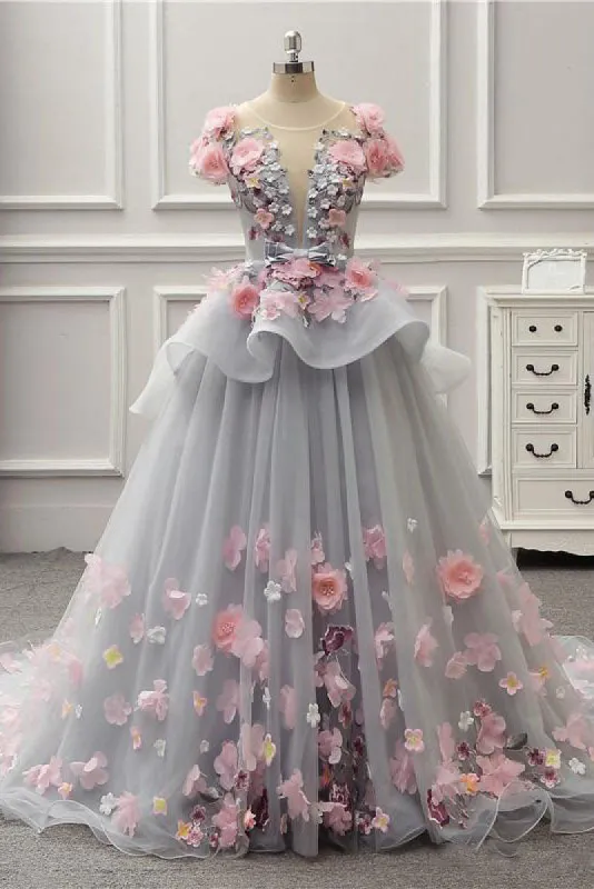 Becky | Elegant Lace-up Back Floral Appliques Grey Long Prom Dress sold by KissProm