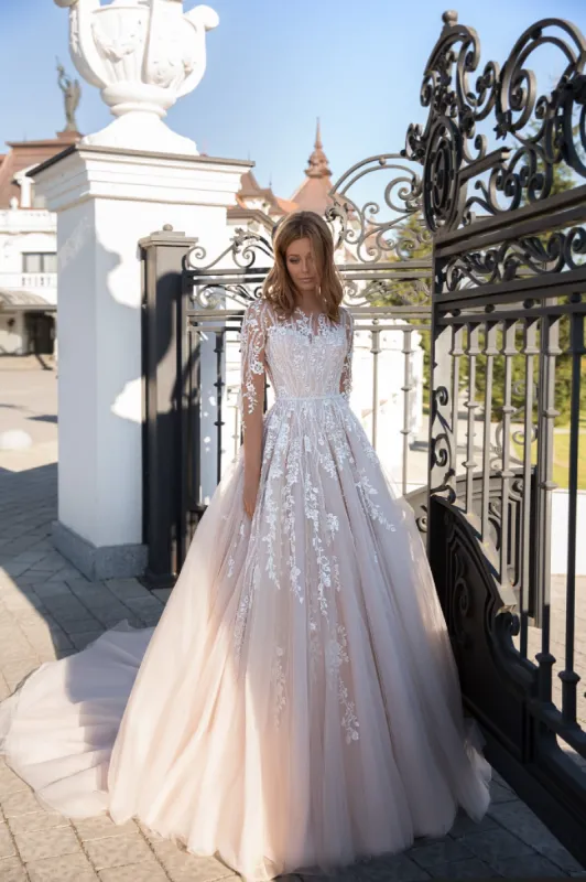 Simple Jewel Long Sleeve Brush Train Tulle Ball Gown Wedding Dress with Appliques sold by KissProm