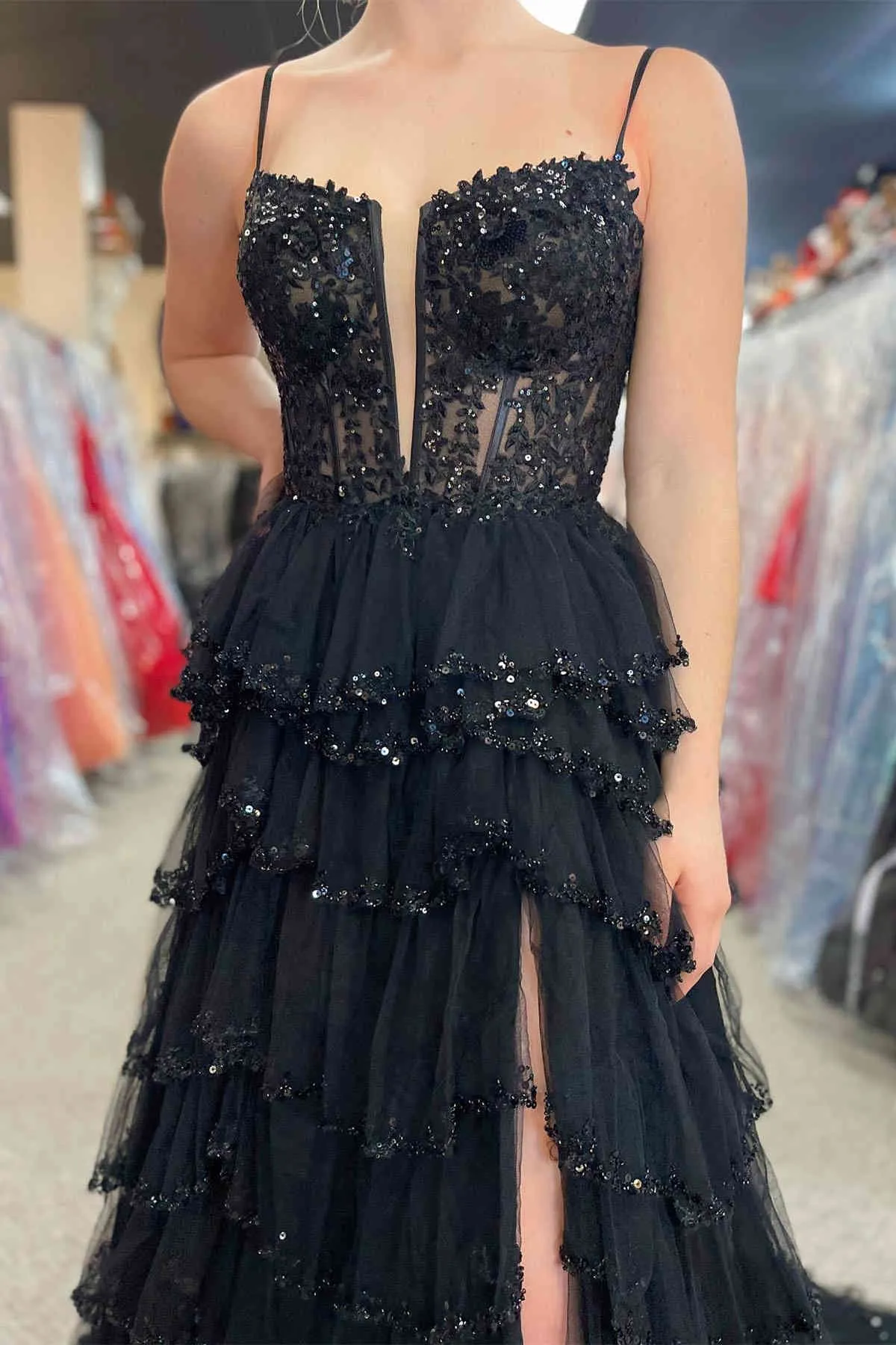 Abbie | Straps Black Mesh Cutout Sequined Layered Long Prom Dress sold by KissProm product image thumbnail 2