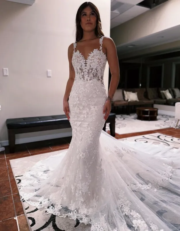 Aila | Mermaid Spaghetti Straps Backless Sweep Train Wedding Dress sold by KissProm