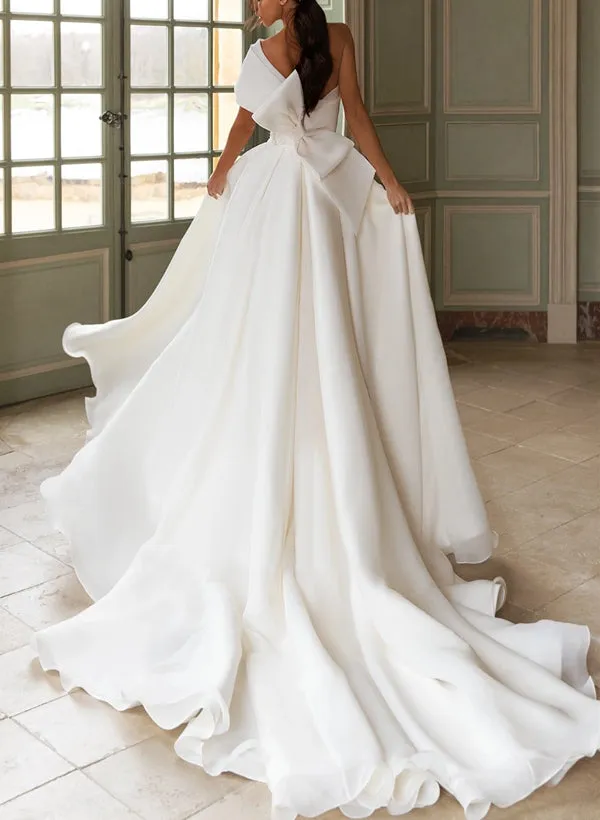 A-Line One-Shoulder Organza Sweep Train Wedding Dress With Appliques Lace sold by KissProm product image thumbnail 4