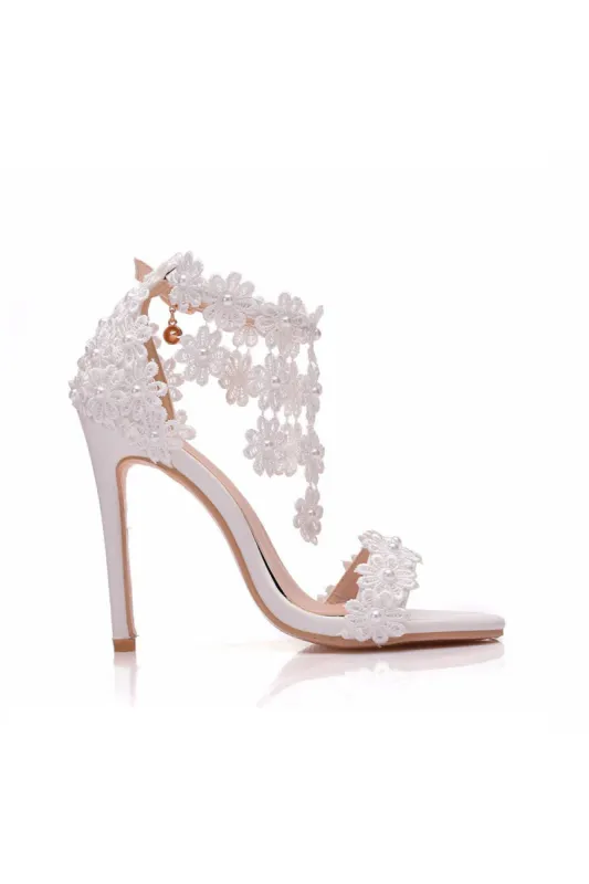 White Lace Flowers Tassels Open Toe Ankle-strap Ultra High Heels sold by KissProm