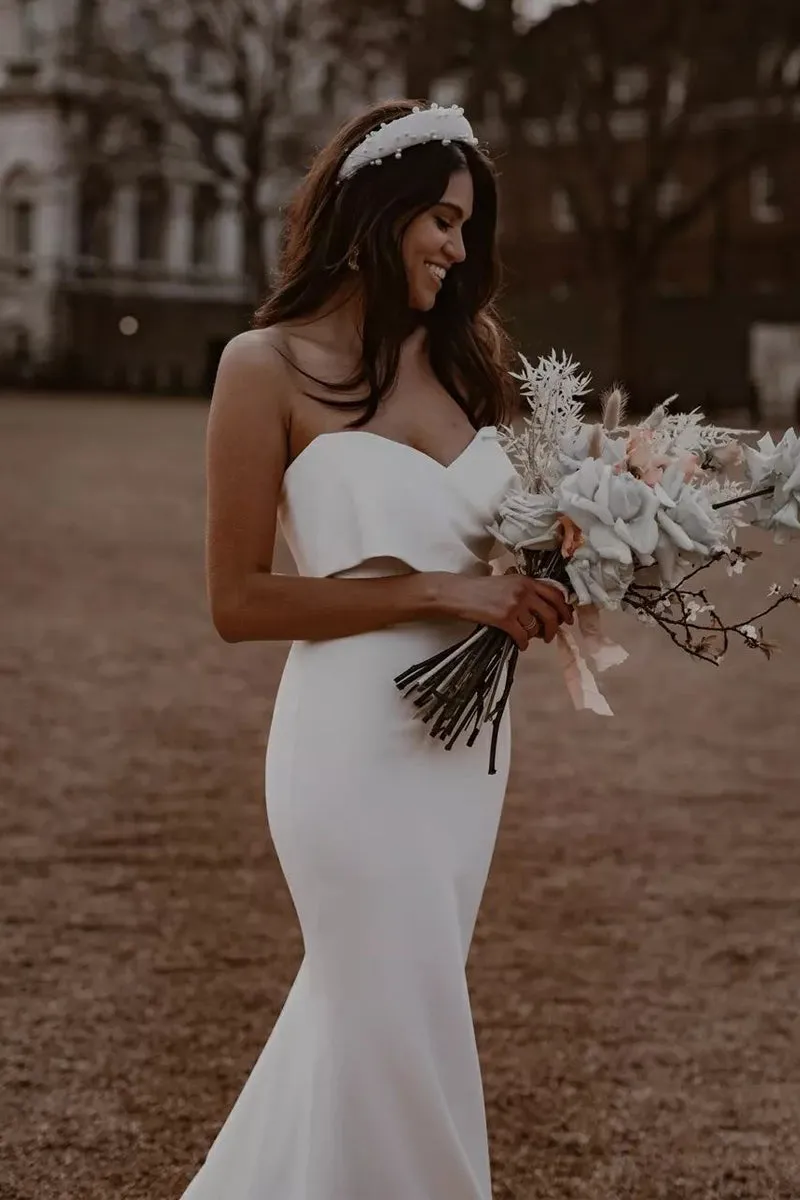 Simple Mermaid Sweetheart White Satin Wedding Dresses sold by KissProm