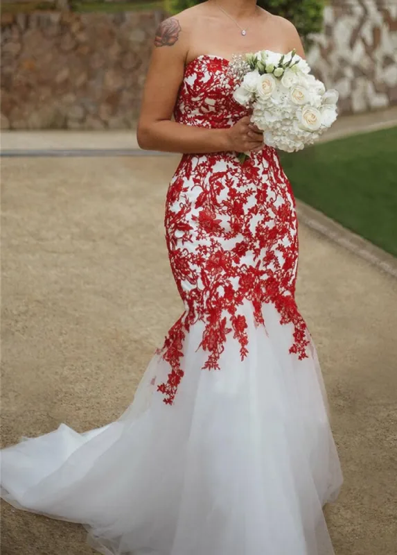 Sweetheart Sleeveless White-Red Lace Appliques Mermaid Wedding Dress sold by KissProm