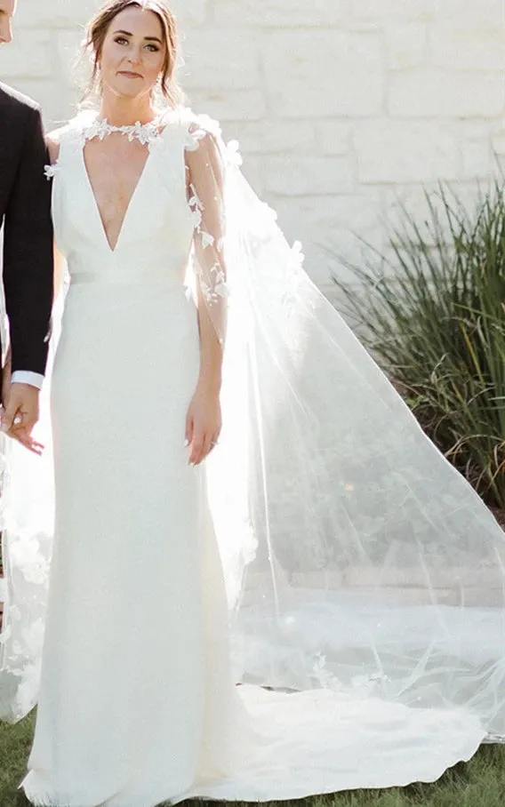 Modern Sheath V-neck Satin Sweep Train Wedding Dress sold by KissProm product image thumbnail 3