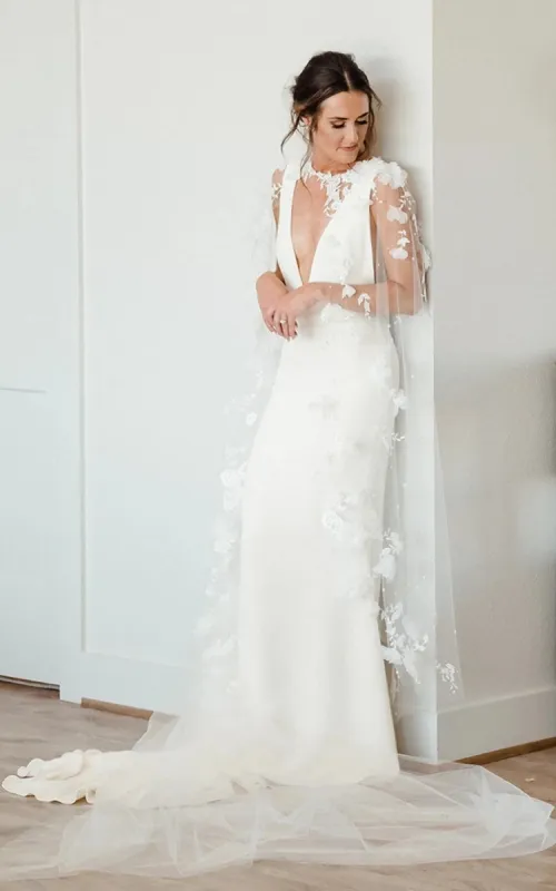 Modern Sheath V-neck Satin Sweep Train Wedding Dress sold by KissProm