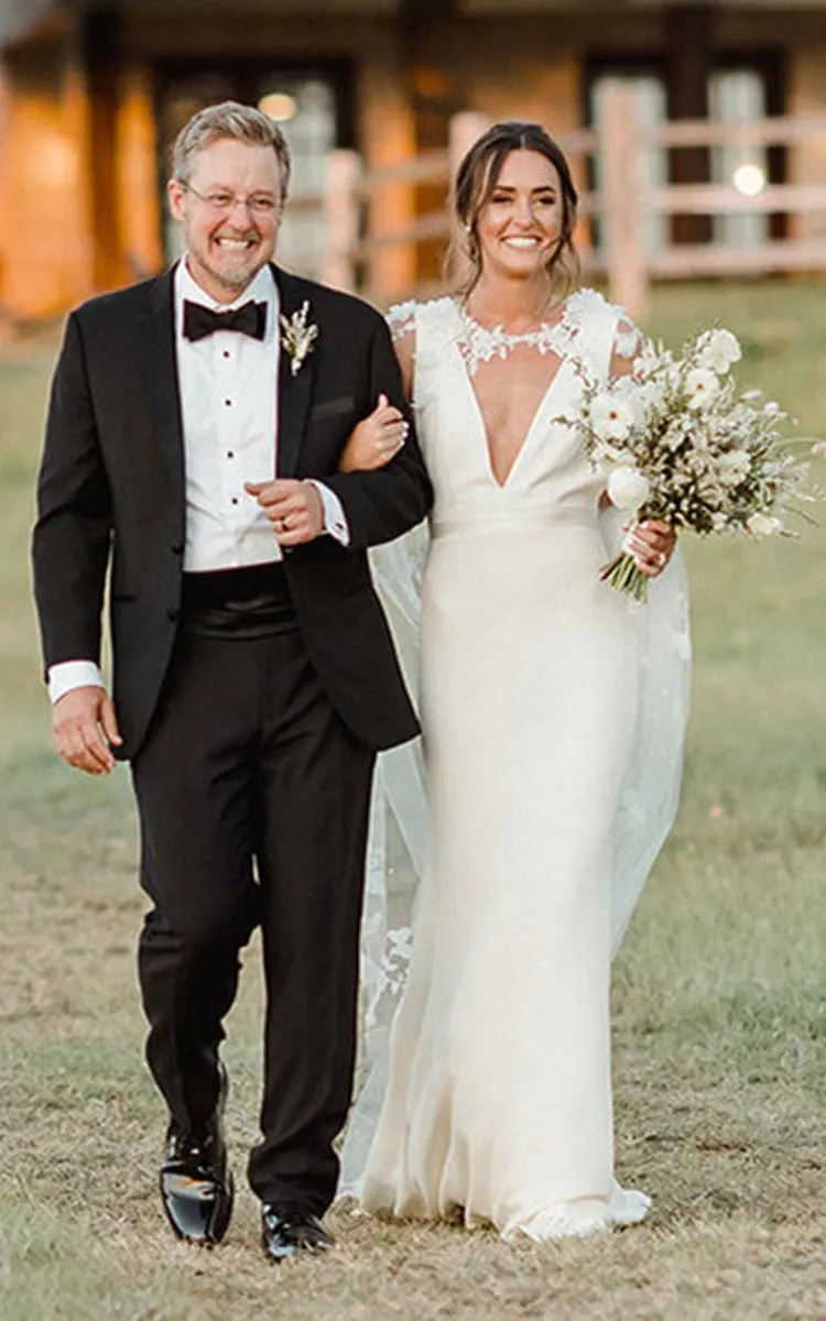 Modern Sheath V-neck Satin Sweep Train Wedding Dress sold by KissProm product image thumbnail 4