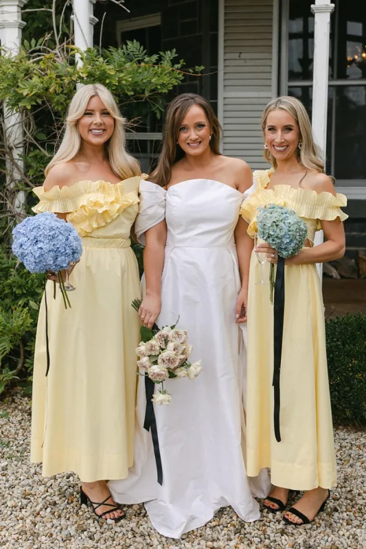 Yellow Off the Shoulder Ruffle Cotton Ankle Length Bridesmaid Dresses sold by KissProm