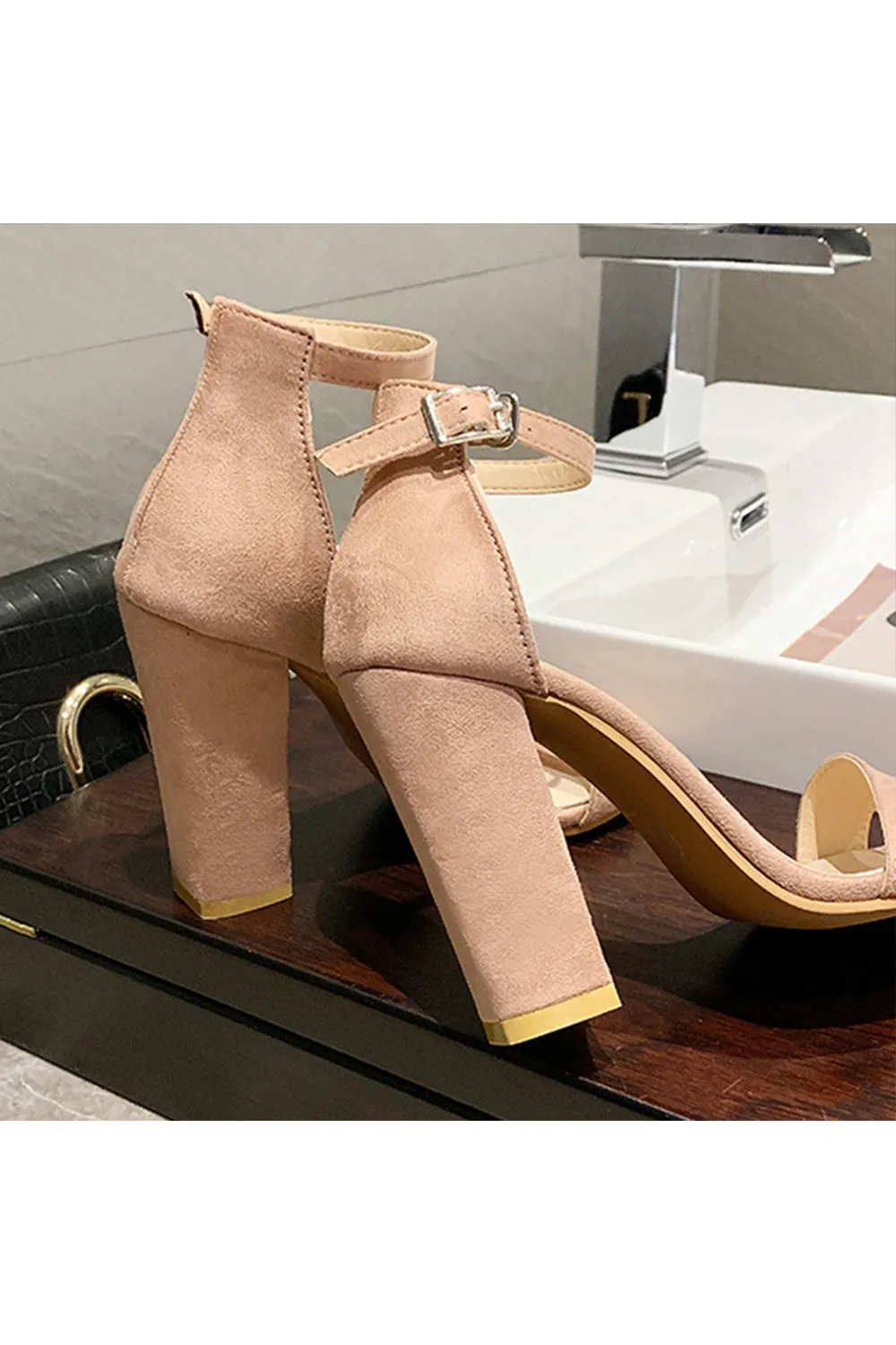 Party Suede Peep Toe Chunky Heel Evening Shoes With Buckle Ankle Strap sold by KissProm product image thumbnail 5