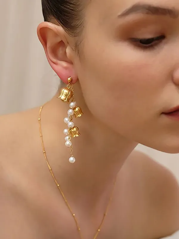 Asymmetric Tassel Flowers Pearl Long Earrings sold by KissProm