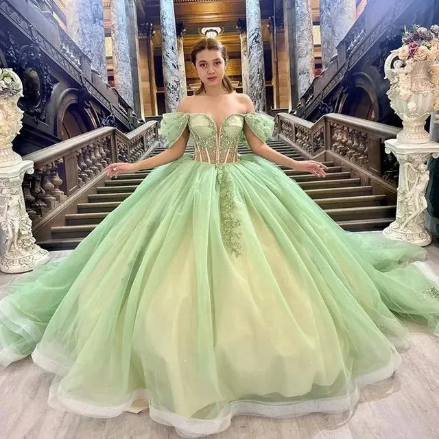 Sage Green Off Shoulder Beading Floral Appliqué Quinceanera Dress sold by KissProm product image thumbnail 2