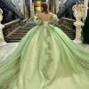 Sage Green Off Shoulder Beading Floral Appliqué Quinceanera Dress sold by KissProm