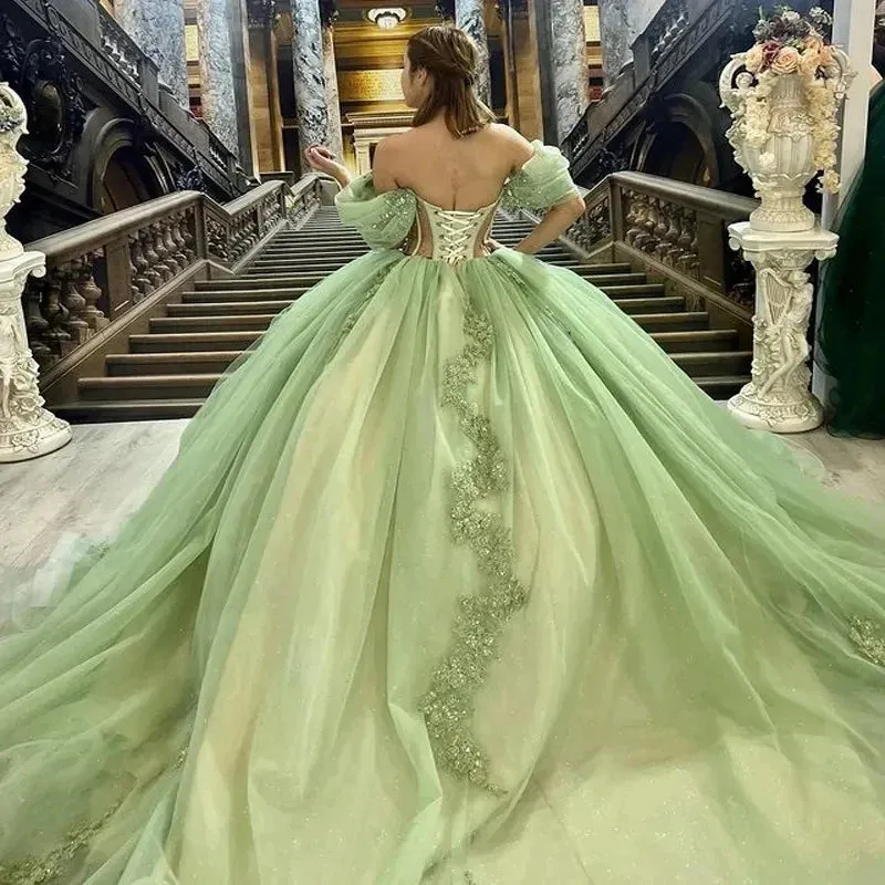Sage Green Off Shoulder Beading Floral Appliqué Quinceanera Dress sold by KissProm product image thumbnail 5