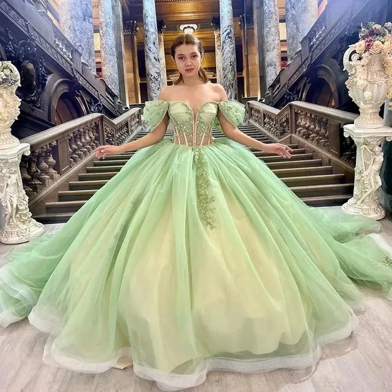 Sage Green Off Shoulder Beading Floral Appliqué Quinceanera Dress sold by KissProm