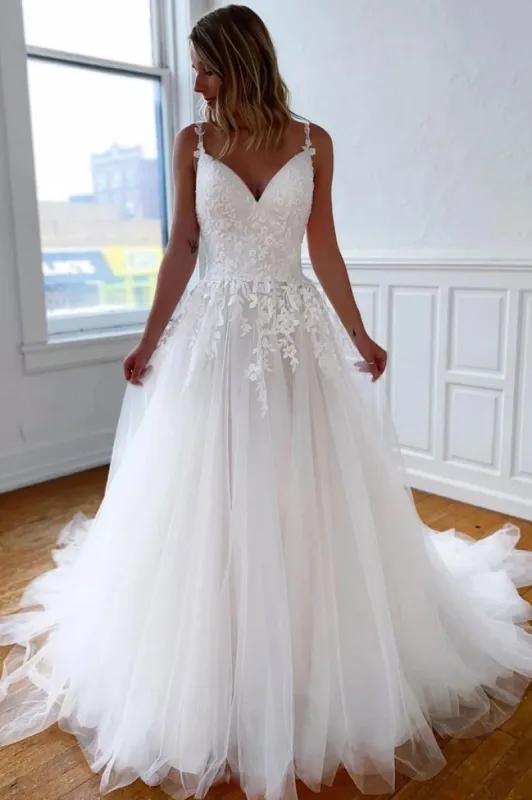 Chic A Line Spaghetti Straps Tulle Sweep Train Wedding Dresses With Appliques sold by KissProm