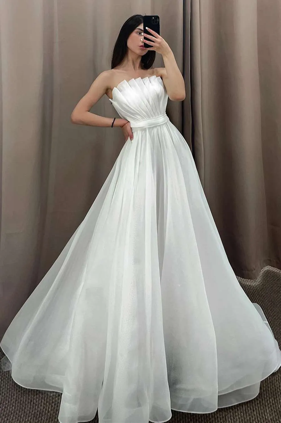 White Off the Shoulder Pleated A-Line Long Wedding Dress with Sleeves sold by KissProm product image thumbnail 2