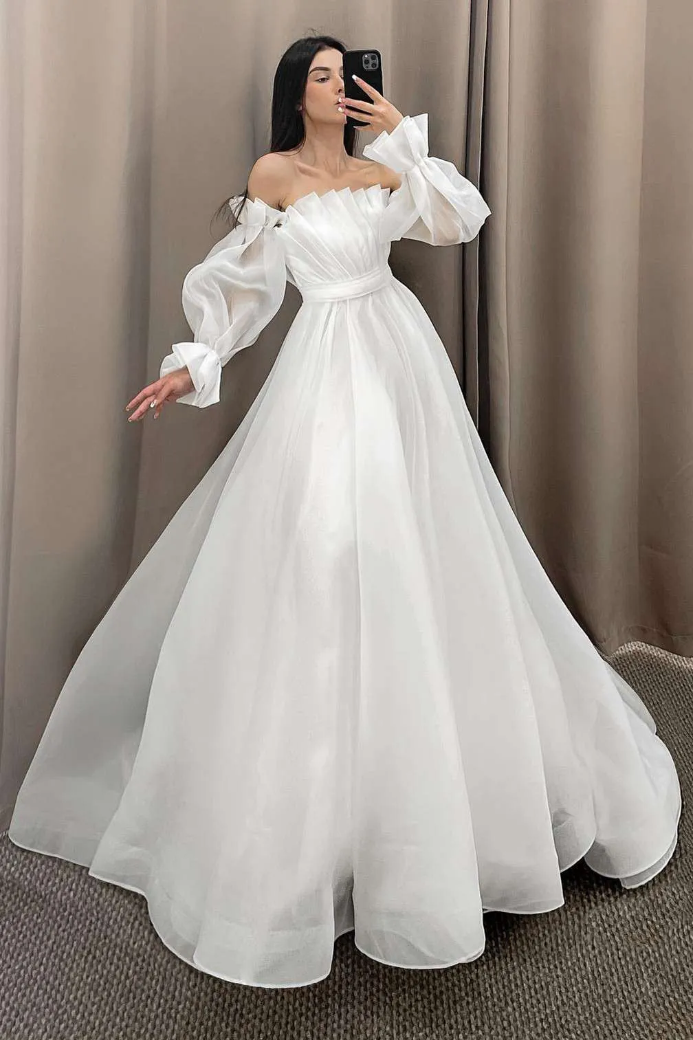 White Off the Shoulder Pleated A-Line Long Wedding Dress with Sleeves sold by KissProm