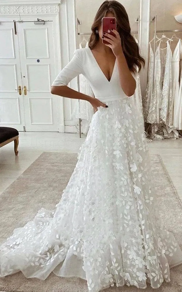 Innaya | Sexy Floral A-Line Boho Lace Sleeved Long Wedding Dress with Sweep Train sold by KissProm