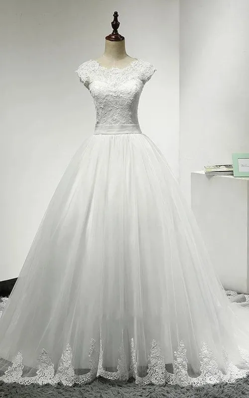 Jewel Neck Cap Sleeve Tulle Ball Gown With Scalloped Hem sold by KissProm