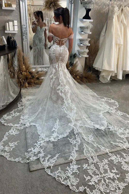 Lorette | Mermaid Off the Shoulder Lace Wedding Dresses with Train sold by KissProm