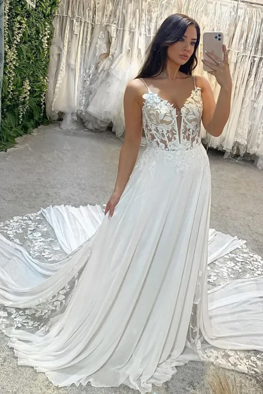 A-Line V Neck Chiffon Boho White Appliques Wedding Dresses sold by KissProm