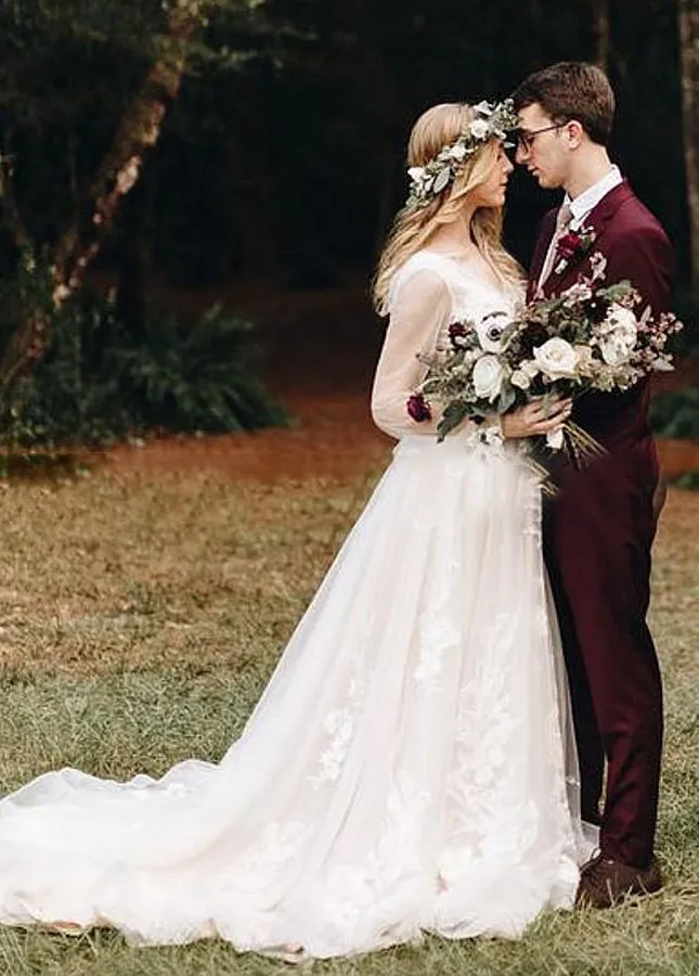 Long Bohemian Wedding Dresses Illusion Sleeves V Neck Back sold by KissProm