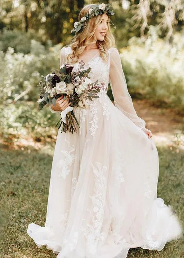 Long Bohemian Wedding Dresses Illusion Sleeves V Neck Back sold by KissProm product image thumbnail 2