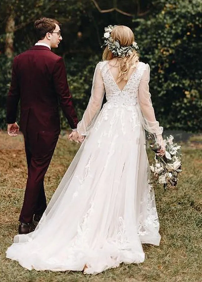 Long Bohemian Wedding Dresses Illusion Sleeves V Neck Back sold by KissProm product image thumbnail 3