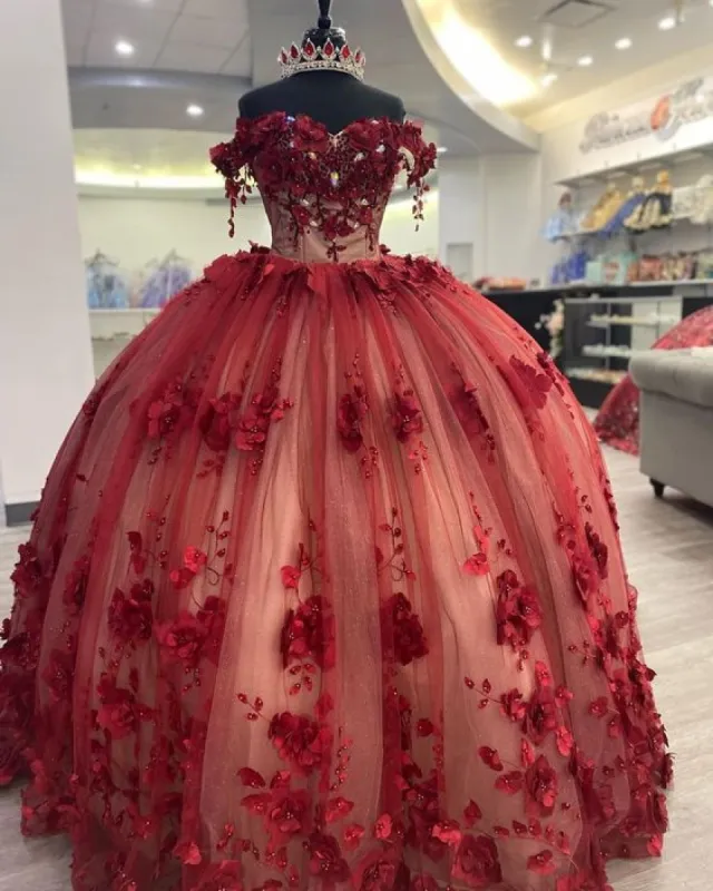 Shimmery Off Shoulder 3D Flowers Quinceanera Dress and Train,Ball Gown sold by KissProm