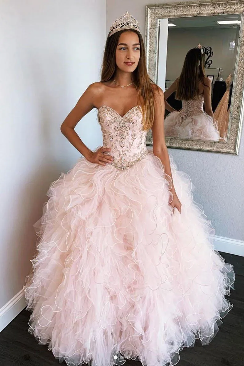 Pink Sweetheart Sleeveless Tulle Prom Dresses sold by KissProm