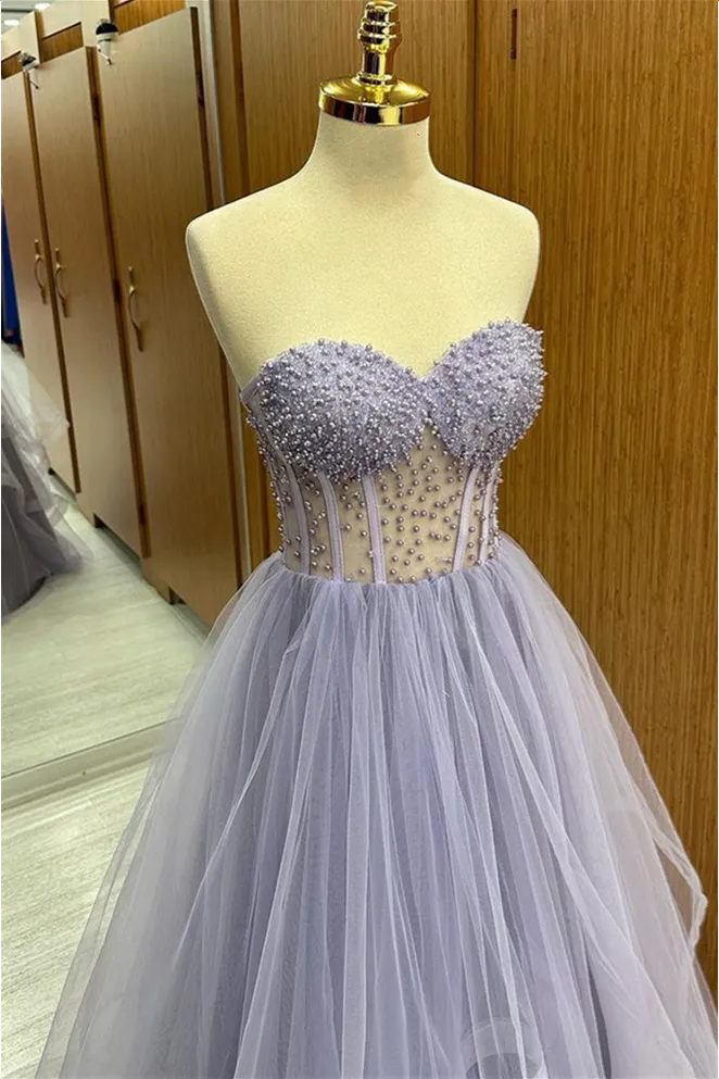 Brandy | Lilac Strapless Beaded Ruffle-Layers Tulle Long Prom Dress sold by KissProm product image thumbnail 2
