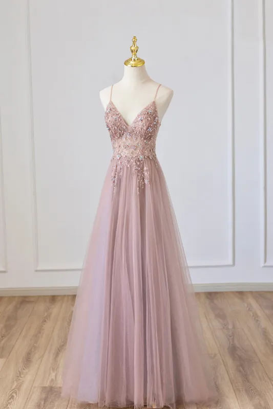 Yareli | Pink Tulle Long A-Line Prom Dress, Pink Spaghetti Formal Dress with Beaded sold by KissProm