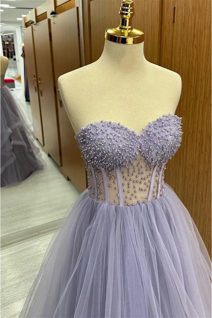 Brandy | Lilac Strapless Beaded Ruffle-Layers Tulle Long Prom Dress sold by KissProm product image thumbnail 3